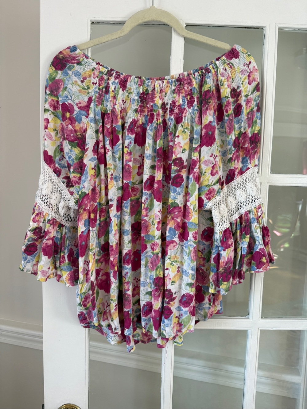 Studio West Floral Off-Shoulder Peasant Top with Bell Sleeves